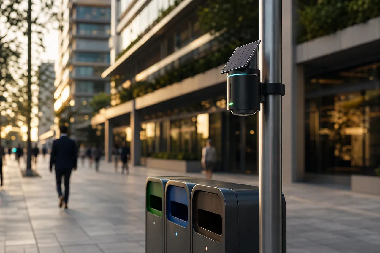 A solar-powered IRIS device on a street pole above a row of recycling bins on a city pavement.