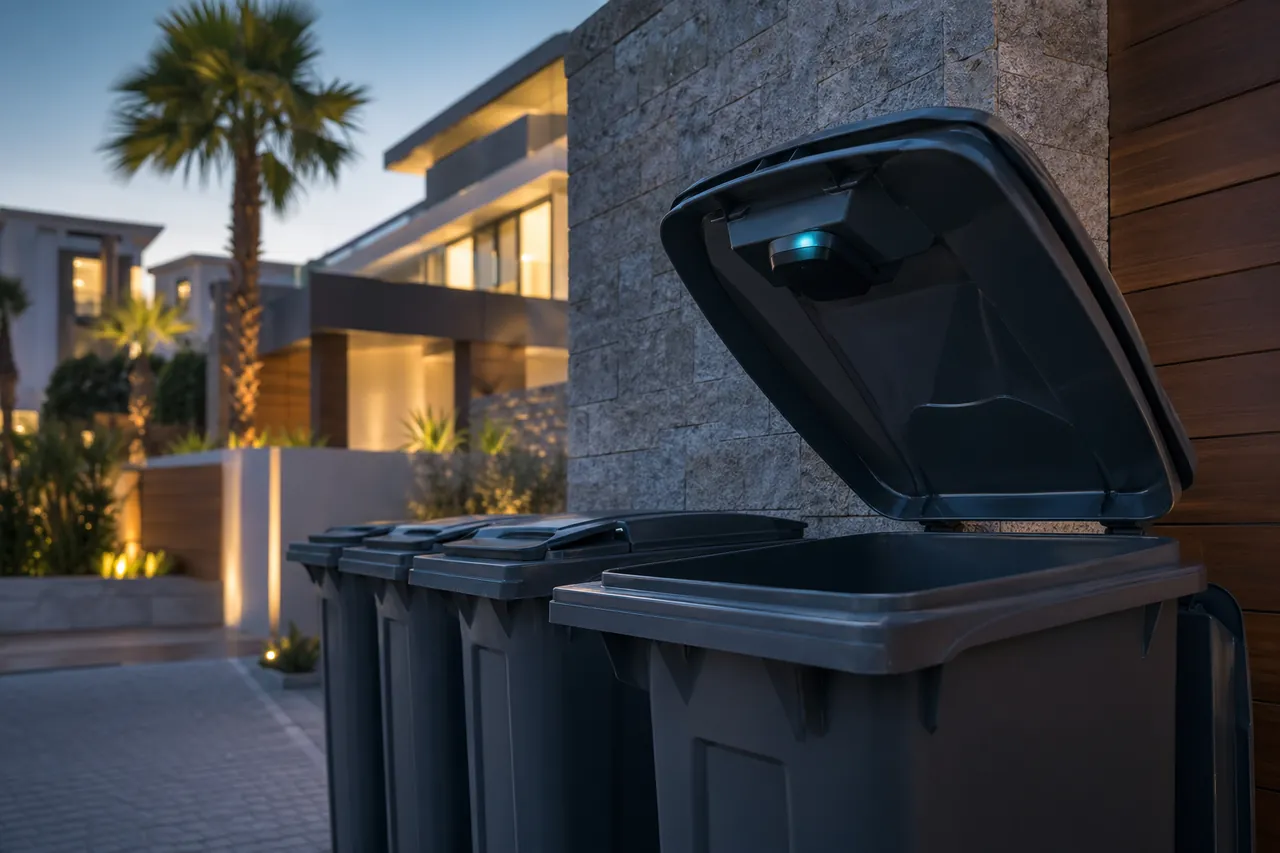 Wheelie bins at a residential compound at dusk, with a finished IRIS device under the open lid of the nearest bin.