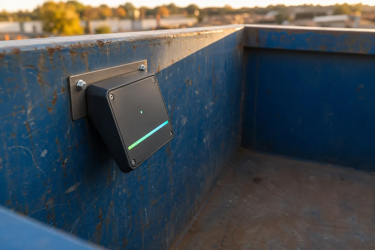 A finished IRIS device in a black enclosure, bolted to the inside wall of a blue steel skip.
