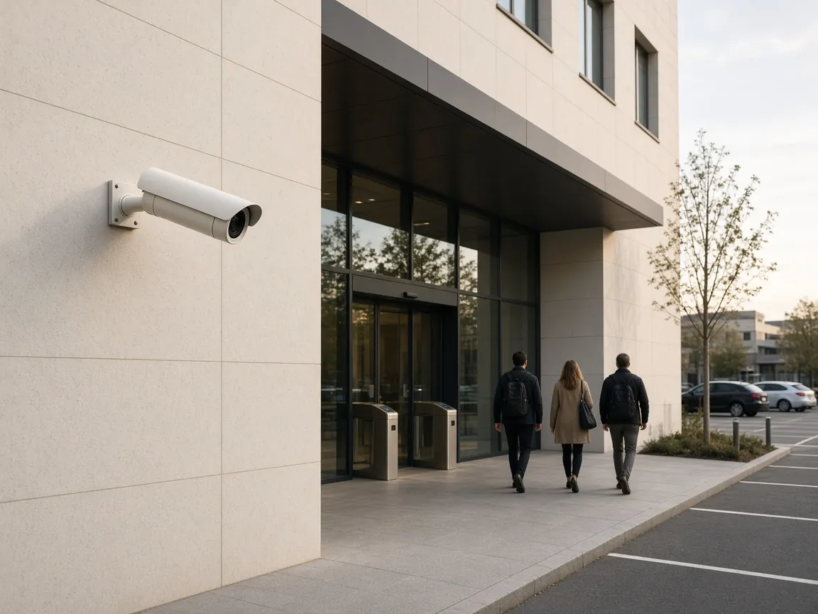 A camera on a stone wall above a campus entrance with turnstiles, and parking beyond.