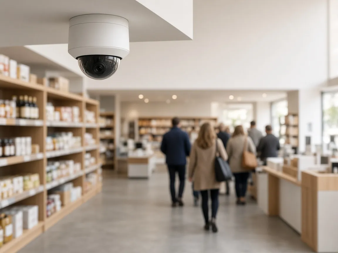 A dome camera above a shop floor, with shoppers queueing at a counter.