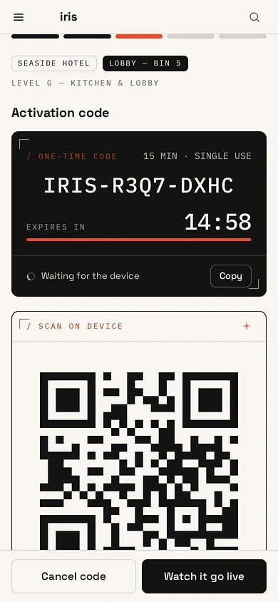Iris Waste install step on a phone with a one-time activation code, a 15-minute countdown, and a QR code to scan on the device.